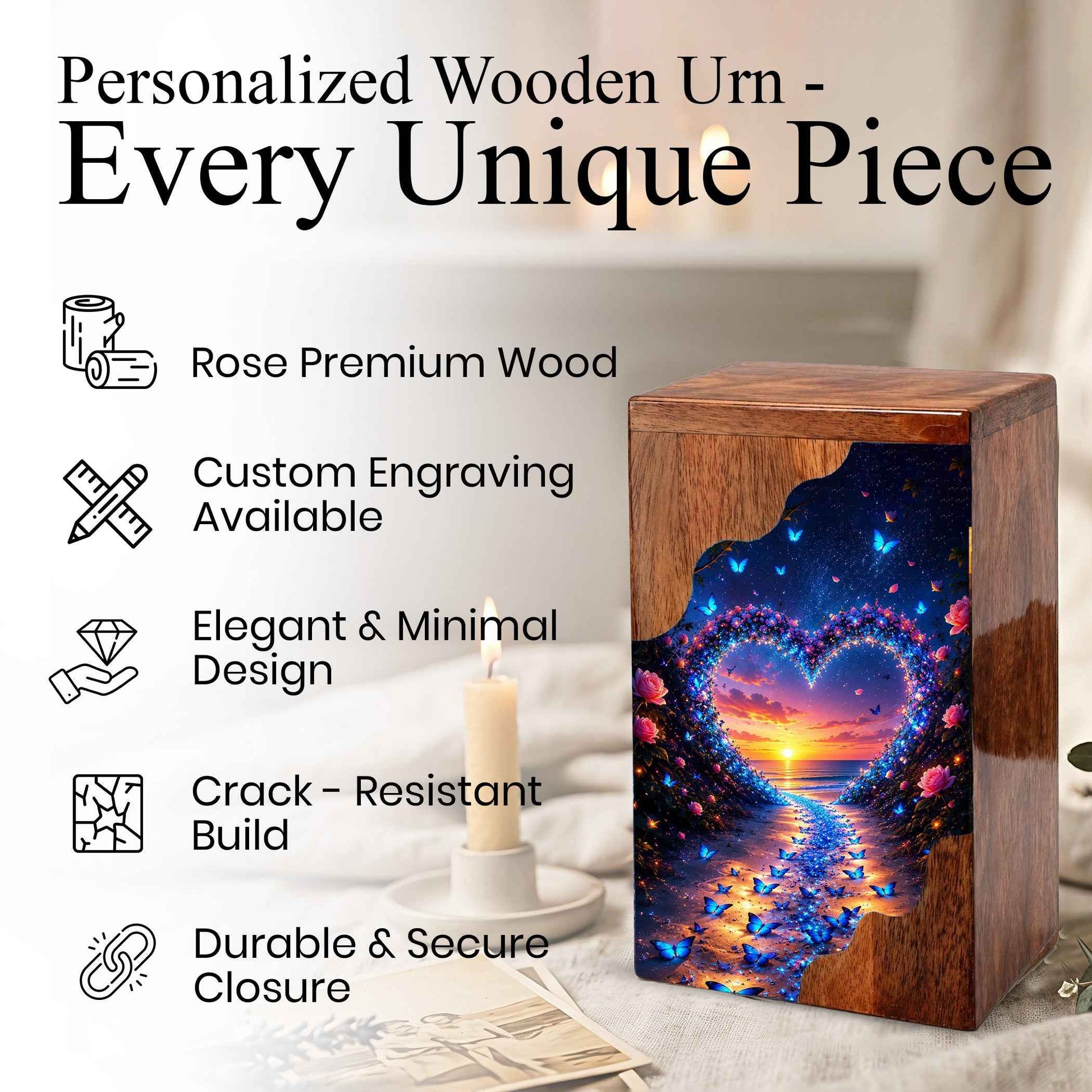 Butterfly Wooden Cremation Urn – Heart Sunset Memorial Urn for Human Ashes
