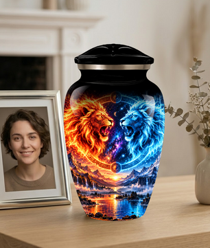 Personalized Adult Cremation Urn for Ashes, Fire and Ice Twin Lion Memorial Urn
