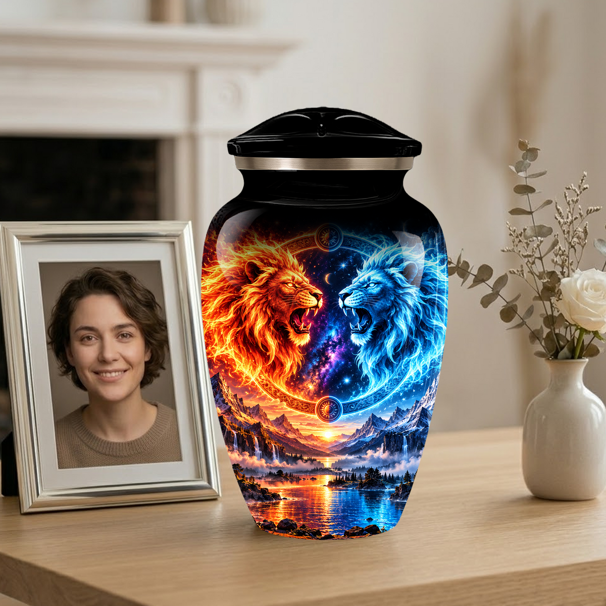 Personalized Adult Cremation Urn for Ashes, Fire and Ice Twin Lion Memorial Urn