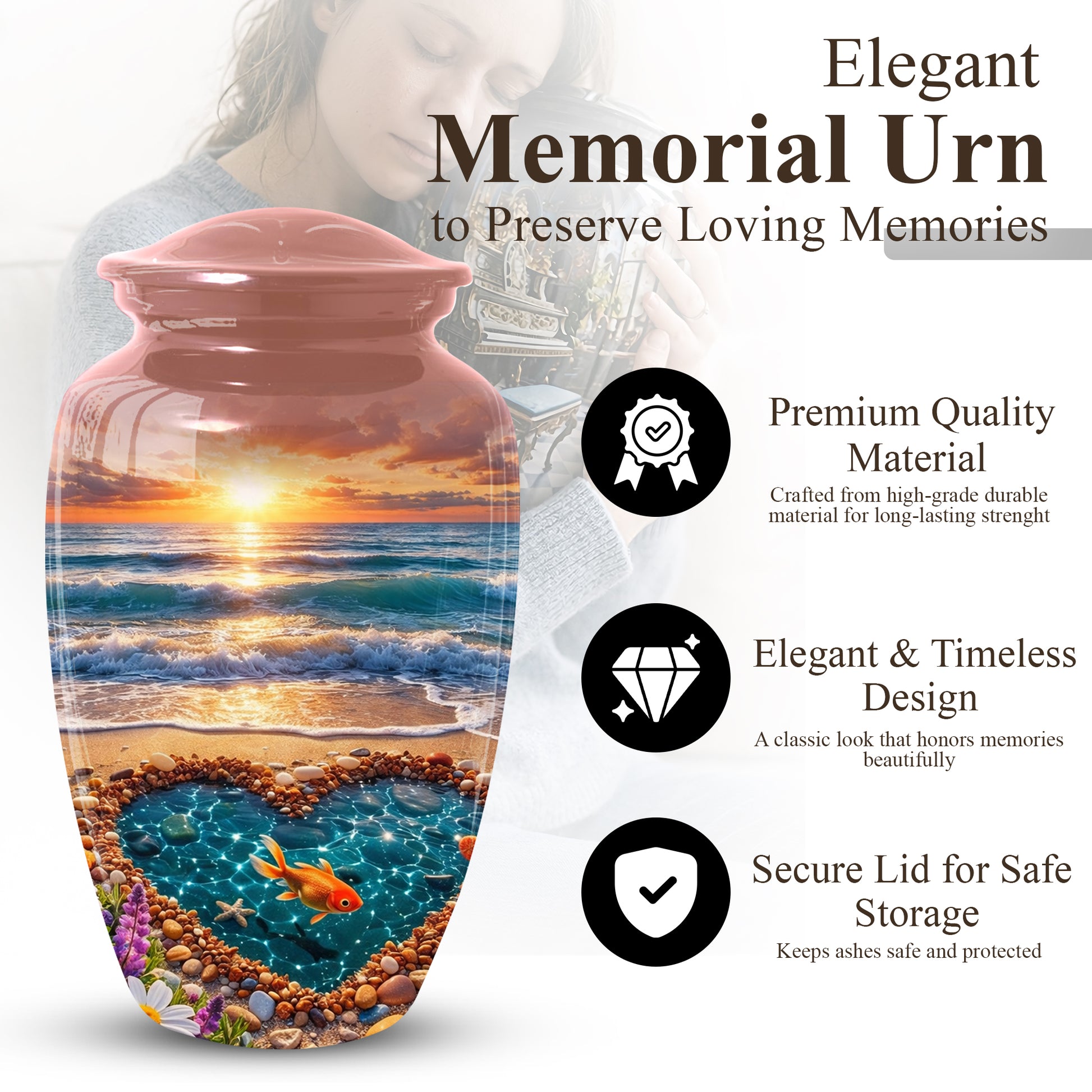 Funeral Urn for Mom – Beach Sunset Memorial Large Urn for Ashes