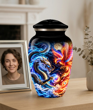 Blue Dragon and Phoenix Cremation Urn for Adult Ashes, Fantasy Bird Memorial Urn