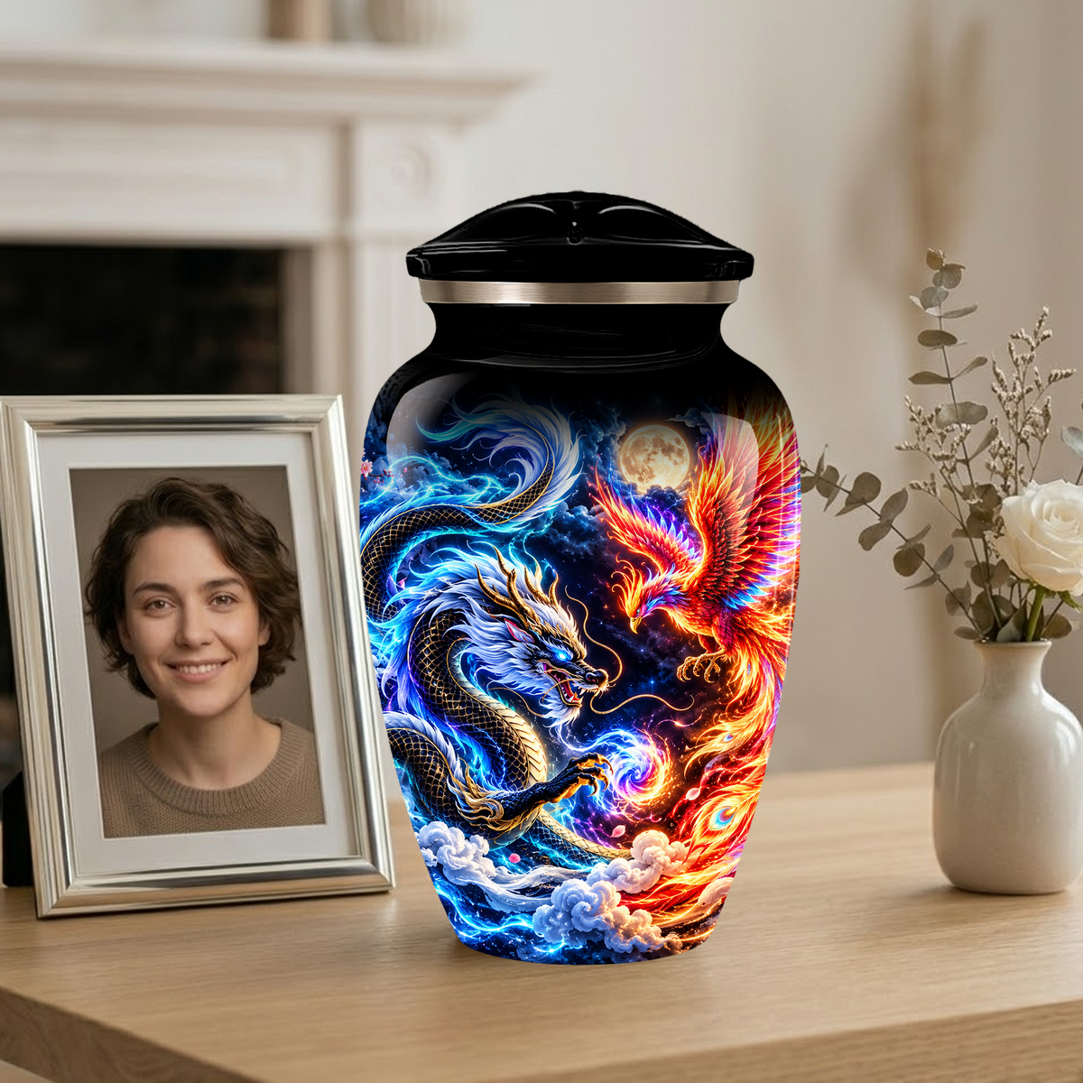 Blue Dragon and Phoenix Cremation Urn for Adult Ashes, Fantasy Bird Memorial Urn