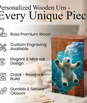 Wooden Cremation Urn for Human Ashes | Polar Bear Memorial Urn