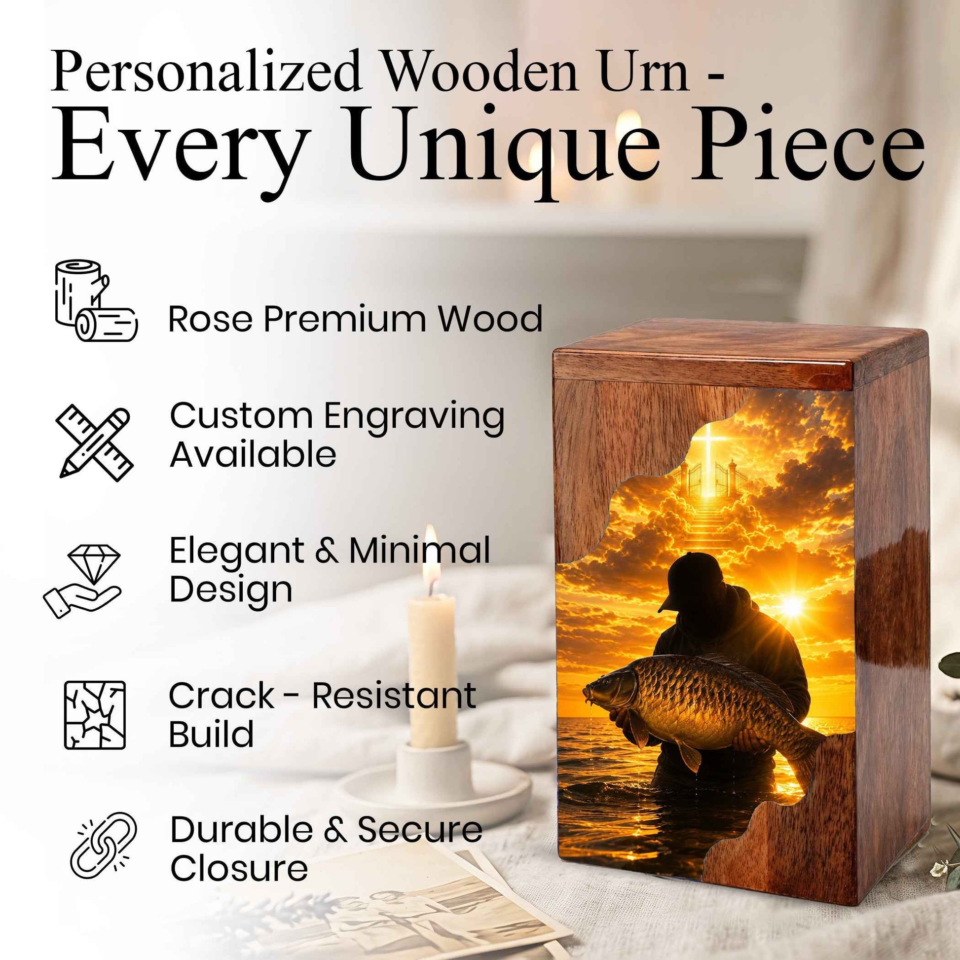 Fishing Wooden Cremation Urn for Dad | Personalized Gone Fishing Urn for Human Ashes