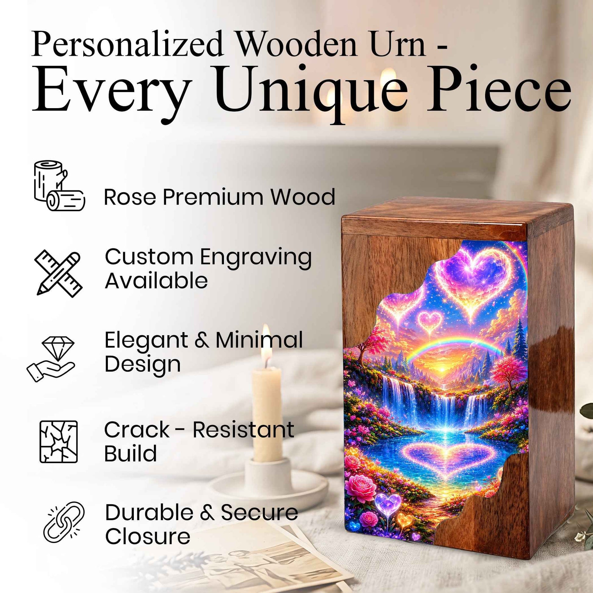 Heart Heaven Wooden Cremation Urn – Rainbow Waterfall Memorial Urn