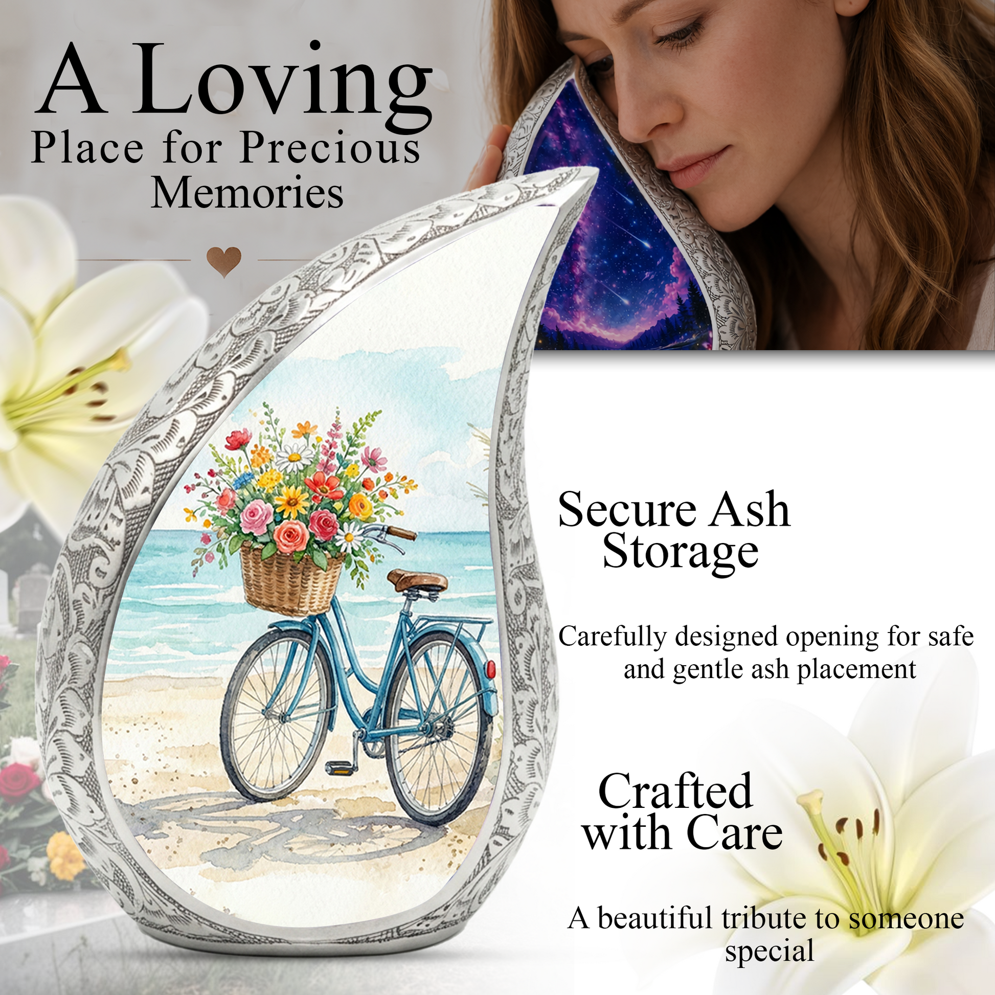 Coastal Bicycle Personalized Cremation Urn – Teardrop Style Aluminum Memorial Urn, 10 Inch