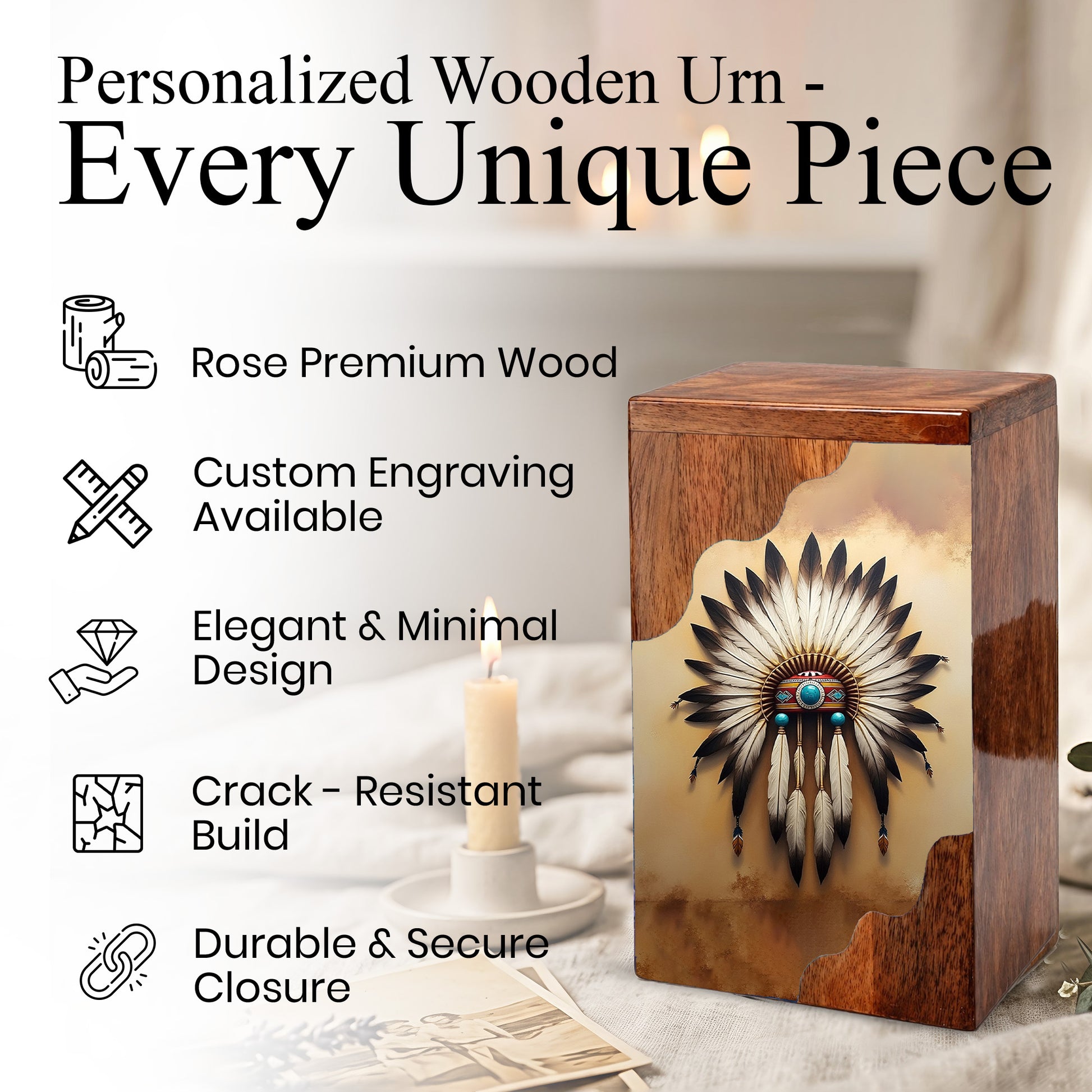 Wooden Cremation Urn – Feather Memorial Design | Custom Wooden Urn for Human Ashes