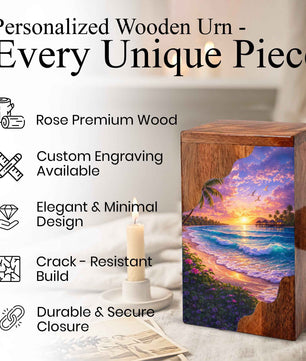 Beach Wooden Cremation Urn – Ocean Sunset Memorial Urn with Tropical Coastal Design