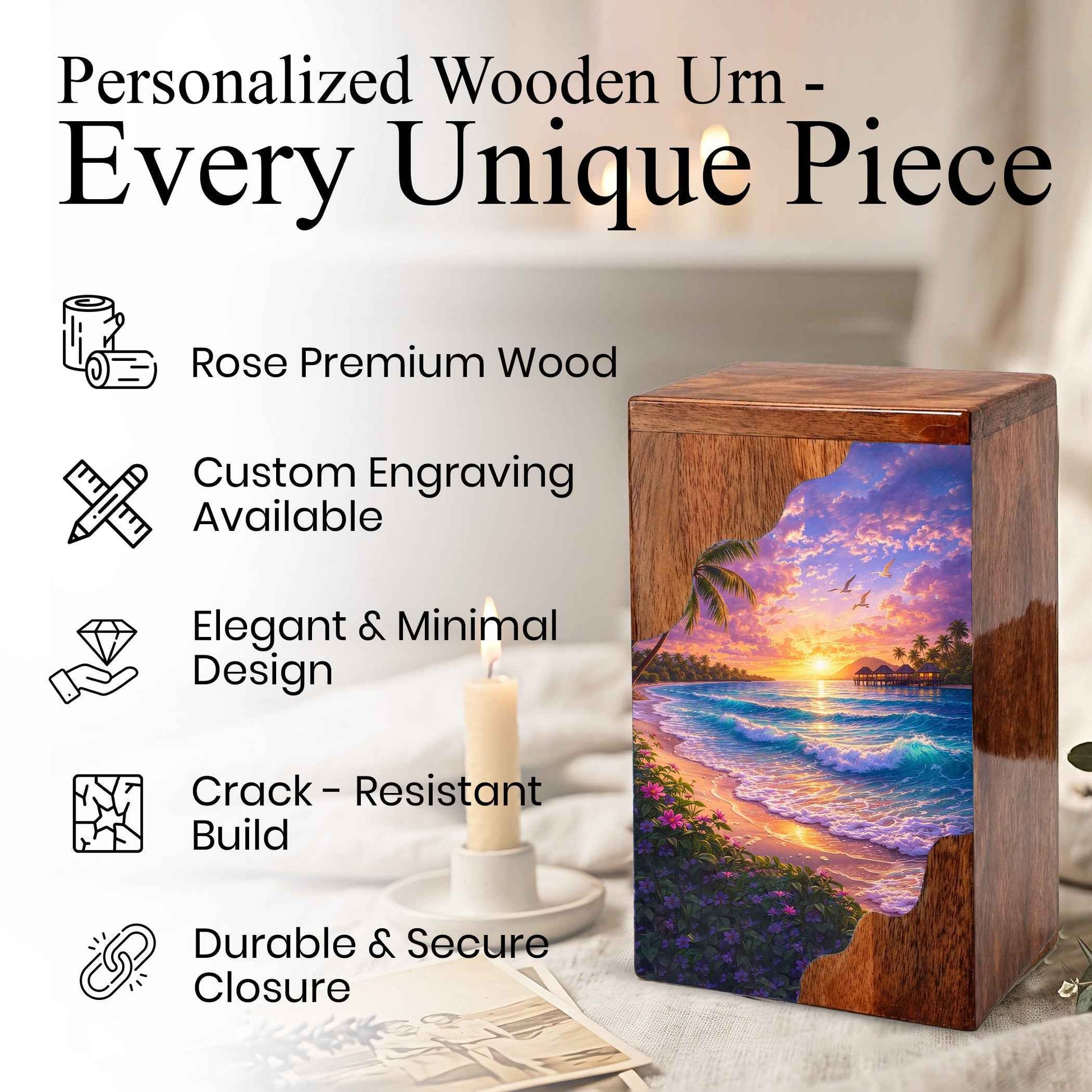 Beach Wooden Cremation Urn – Ocean Sunset Memorial Urn with Tropical Coastal Design