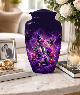 Purple Violin Hummingbird Cremation Urn for Human Ashes, Personalized Memorial Urn for Mom