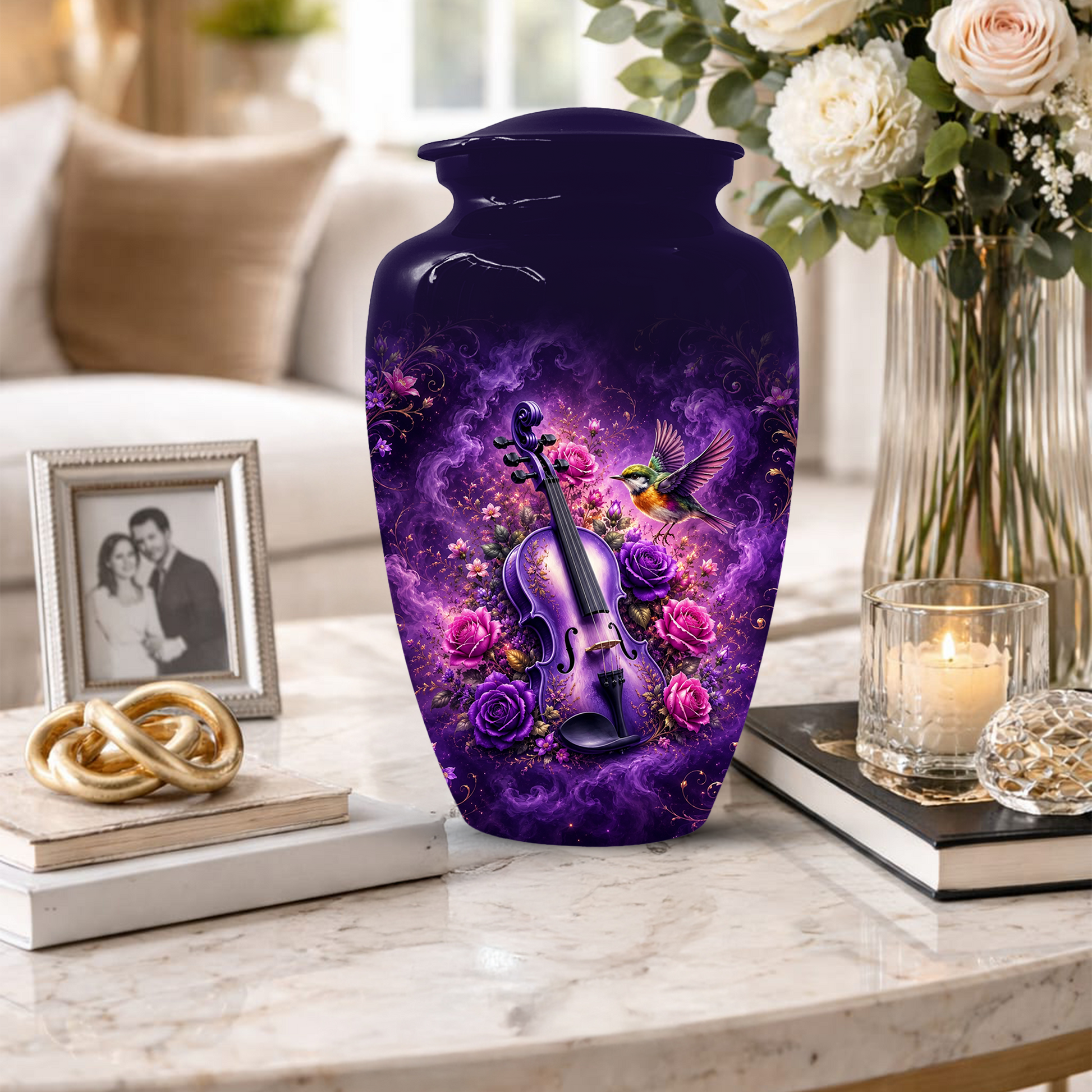 Purple Violin Hummingbird Cremation Urn for Human Ashes, Personalized Memorial Urn for Mom