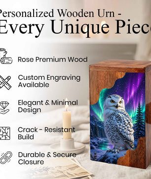 Snowy Owl Wooden Cremation Urn – Aurora Memorial Urn | Wooden Urn for Human Ashes