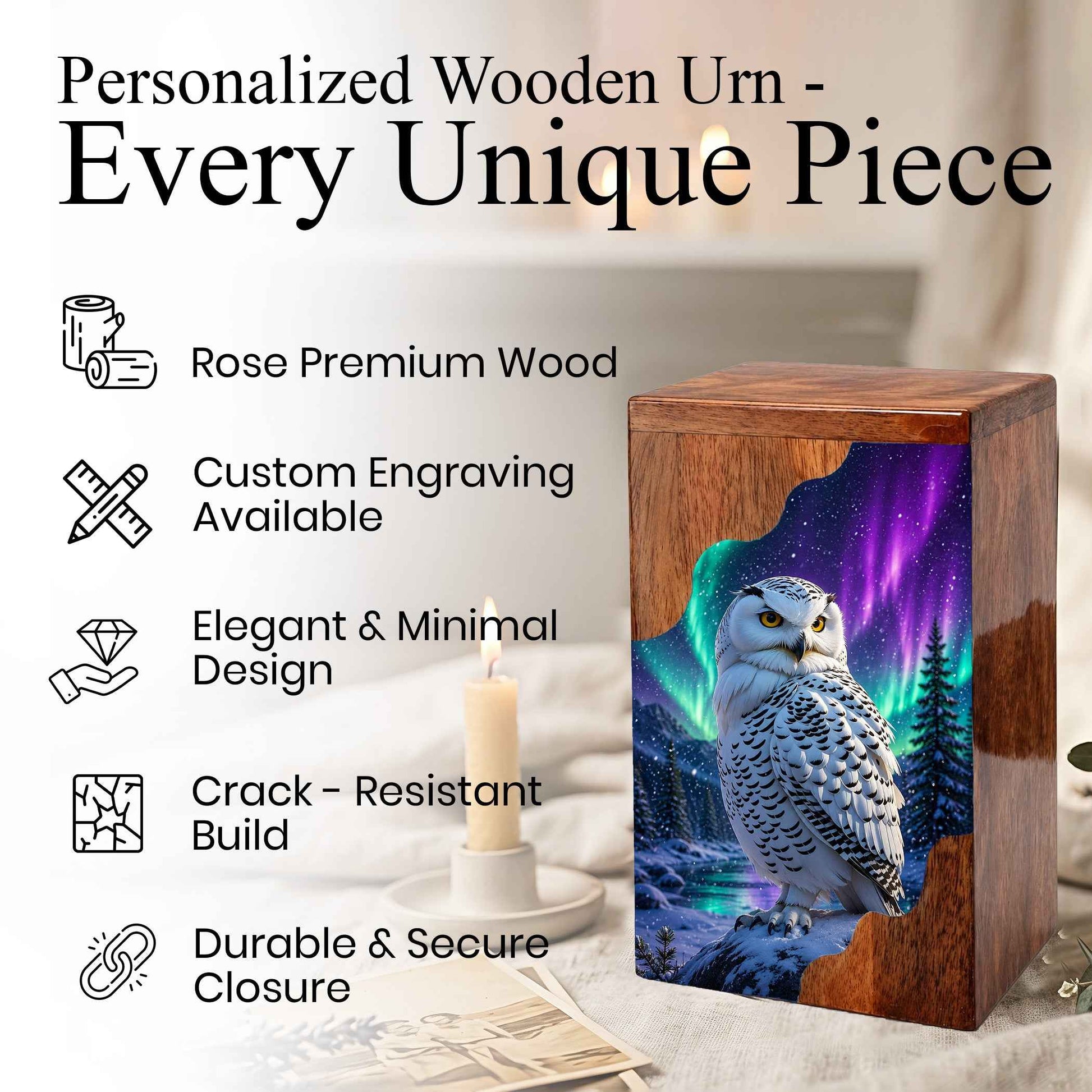 Snowy Owl Wooden Cremation Urn – Aurora Memorial Urn | Wooden Urn for Human Ashes