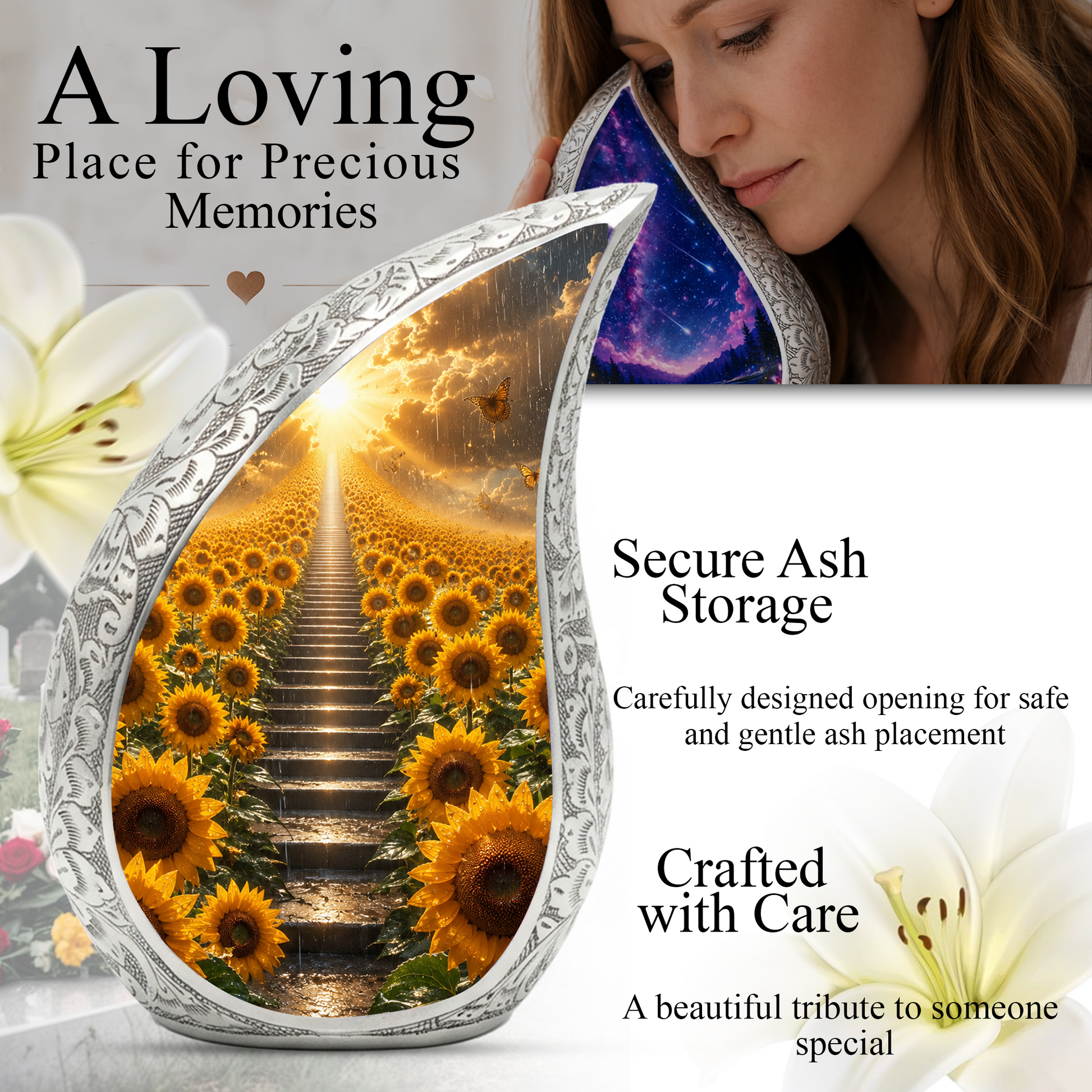 Sunflower Sunrise Urn for Human Ashes | Beautiful Floral Cremation Urn for Mom & Women