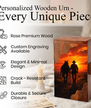 Cowboy Wooden Cremation Urn – Sunset Horse Memorial Urn for Human Ashes | Rustic Tribute Urn for Dad