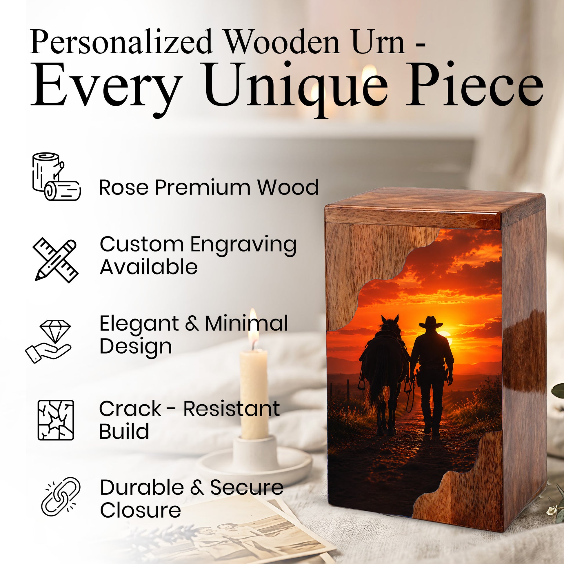 Cowboy Wooden Cremation Urn – Sunset Horse Memorial Urn for Human Ashes | Rustic Tribute Urn for Dad