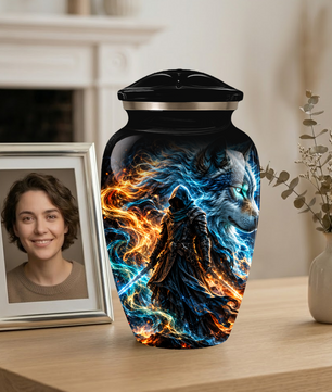 Personalized Adult Cremation Urn for Ashes, Custom Wolf Memorial Urn, Fantasy Warrior Blue and Orange Flame Artwork