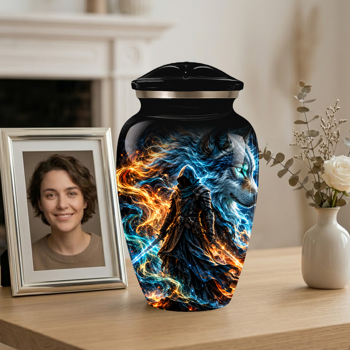 Personalized Adult Cremation Urn for Ashes, Custom Wolf Memorial Urn, Fantasy Warrior Blue and Orange Flame Artwork