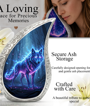 Mystic Wolf Personalized Cremation Urn – Teardrop Memorial Urn for Ashes | 10 Inch Aluminum Adult Urn