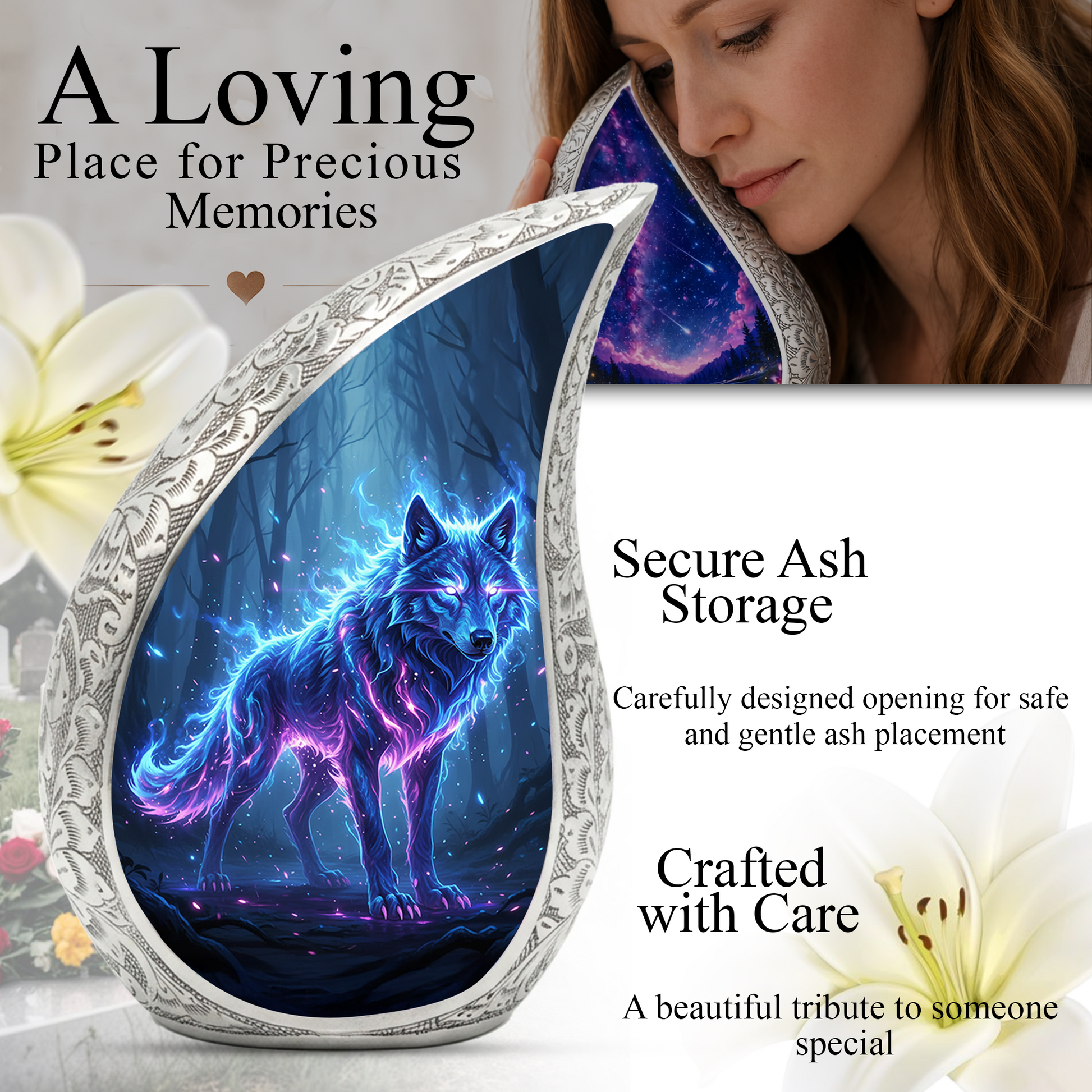 Mystic Wolf Personalized Cremation Urn – Teardrop Memorial Urn for Ashes | 10 Inch Aluminum Adult Urn