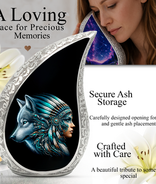 Native American Woman Urn for Mom with Wolf Spirit Art – Personalized Memorial Urn for Human Ashes