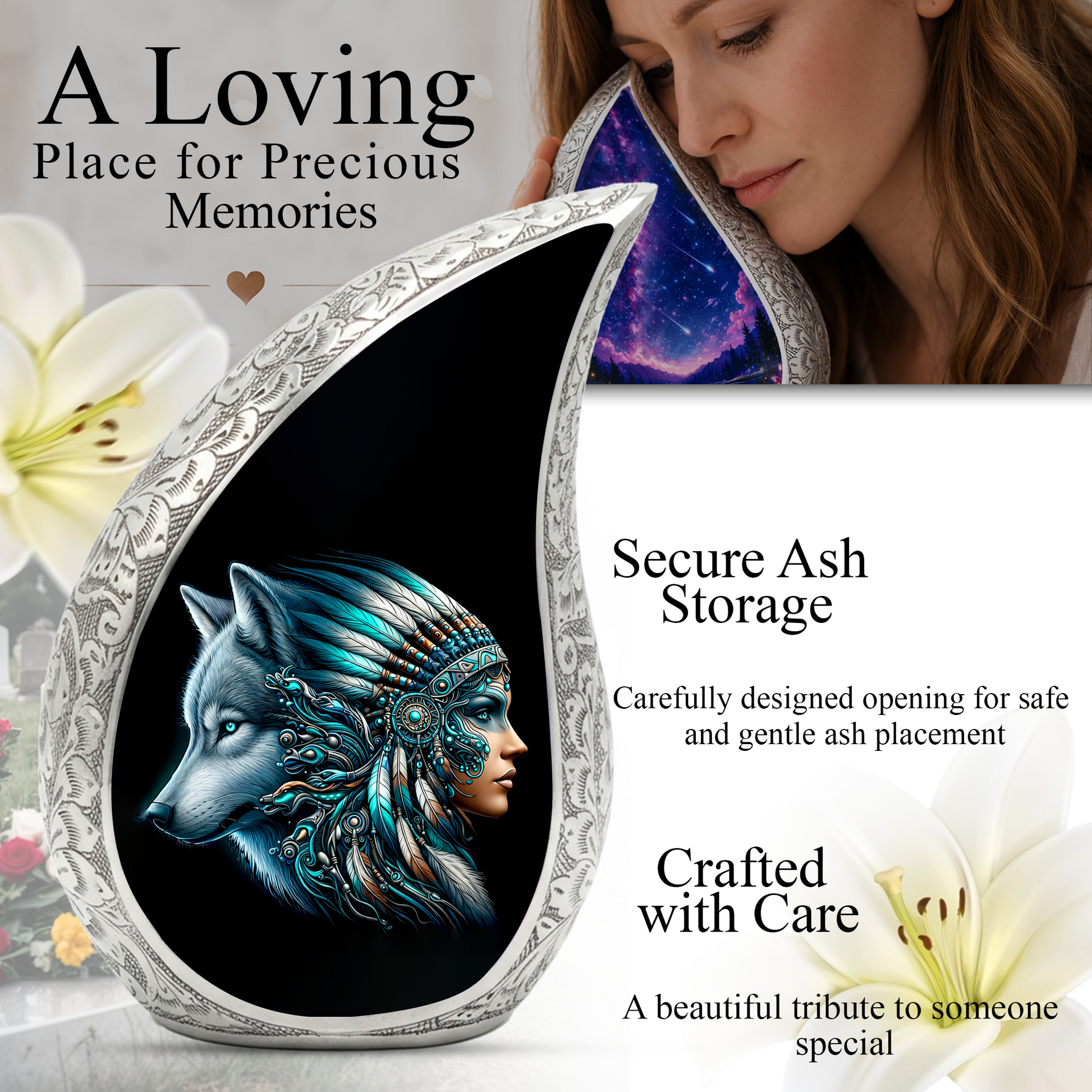 Native American Woman Urn for Mom with Wolf Spirit Art – Personalized Memorial Urn for Human Ashes