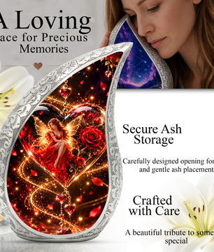 Fairy Heart Cremation Urn for Ashes, Red Rose Fantasy Adult Memorial Urn