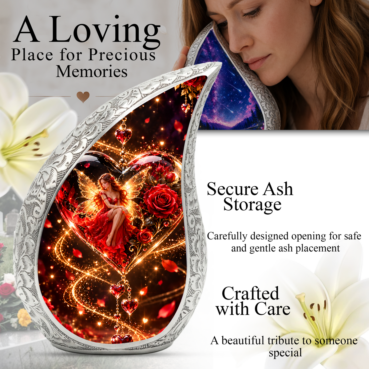 Fairy Heart Cremation Urn for Ashes, Red Rose Fantasy Adult Memorial Urn