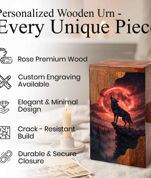 Wooden Cremation Urn – Red Moon Wolf Memorial Urn | Custom Wooden Memorial Urn for Dad
