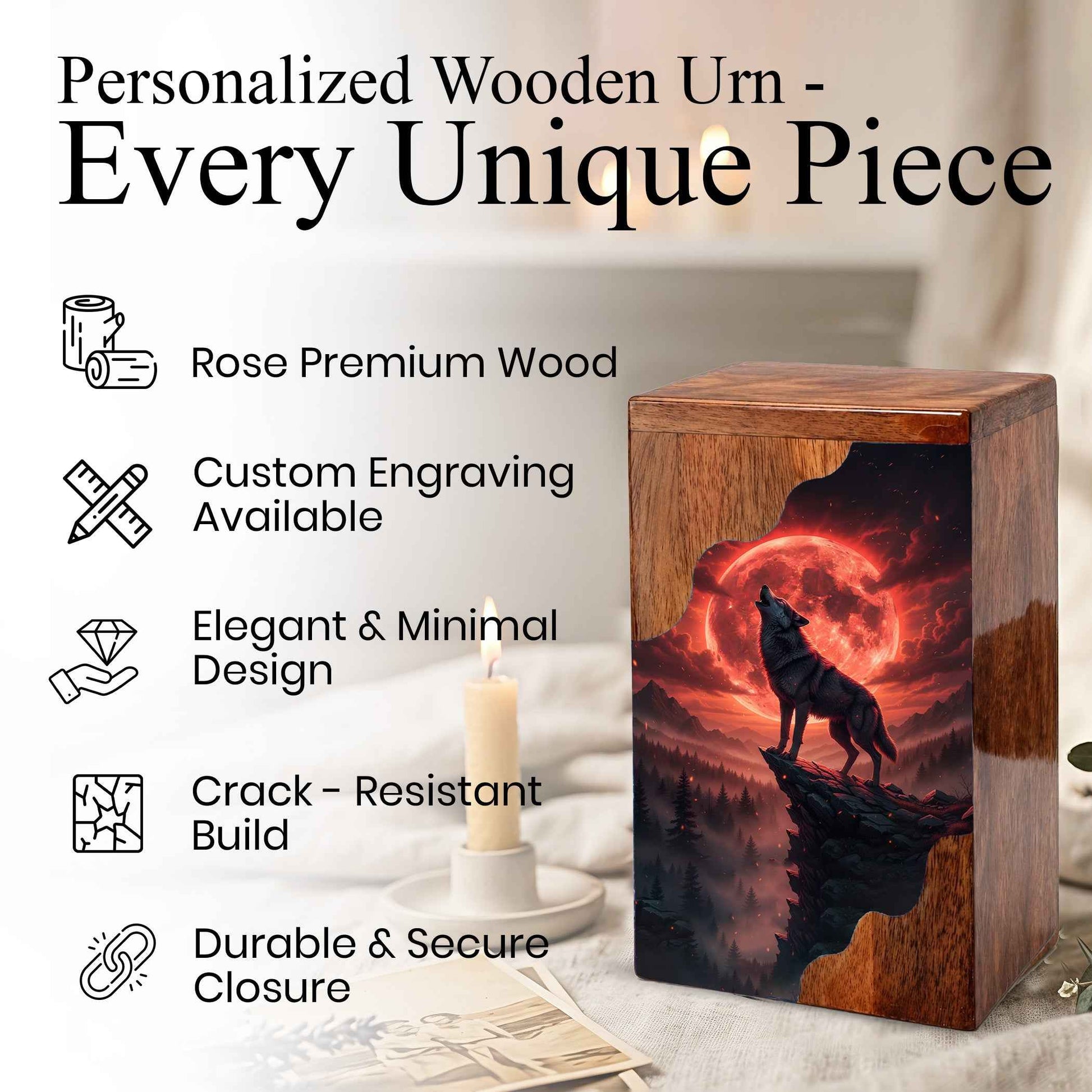 Wooden Cremation Urn – Red Moon Wolf Memorial Urn | Custom Wooden Memorial Urn for Dad