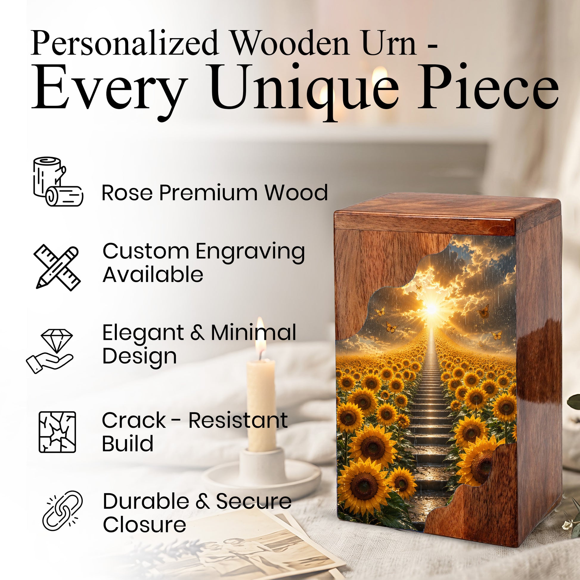 Sunflower Wooden Cremation Urn for Mom | Personalized Urn for Human Ashes