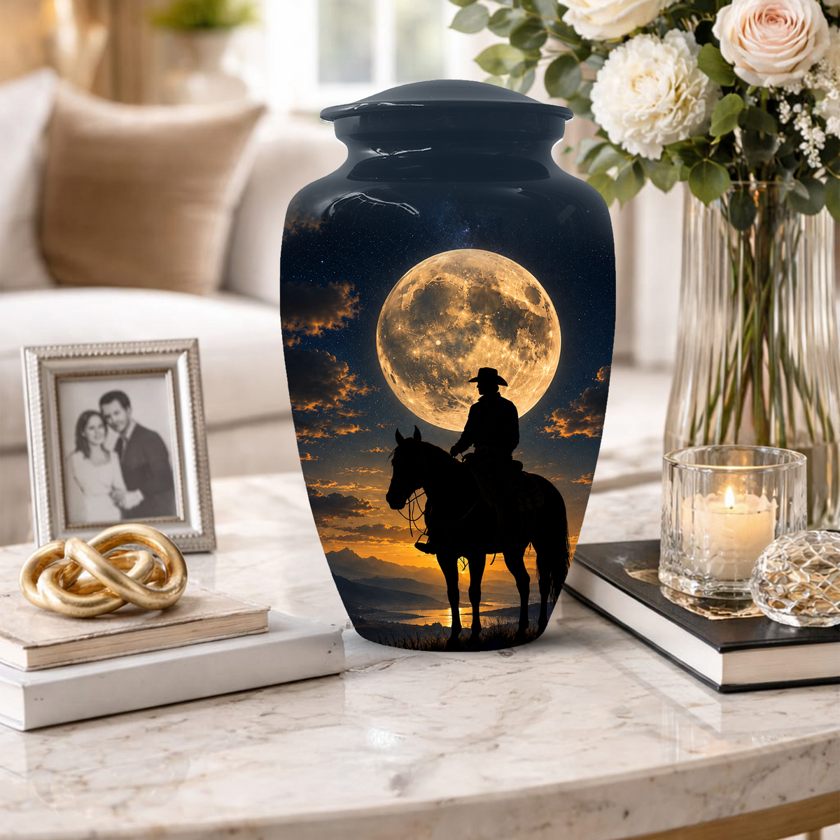 Cowboy Cremation Urn for Dad, Western Horse Memorial Urn for Ashes