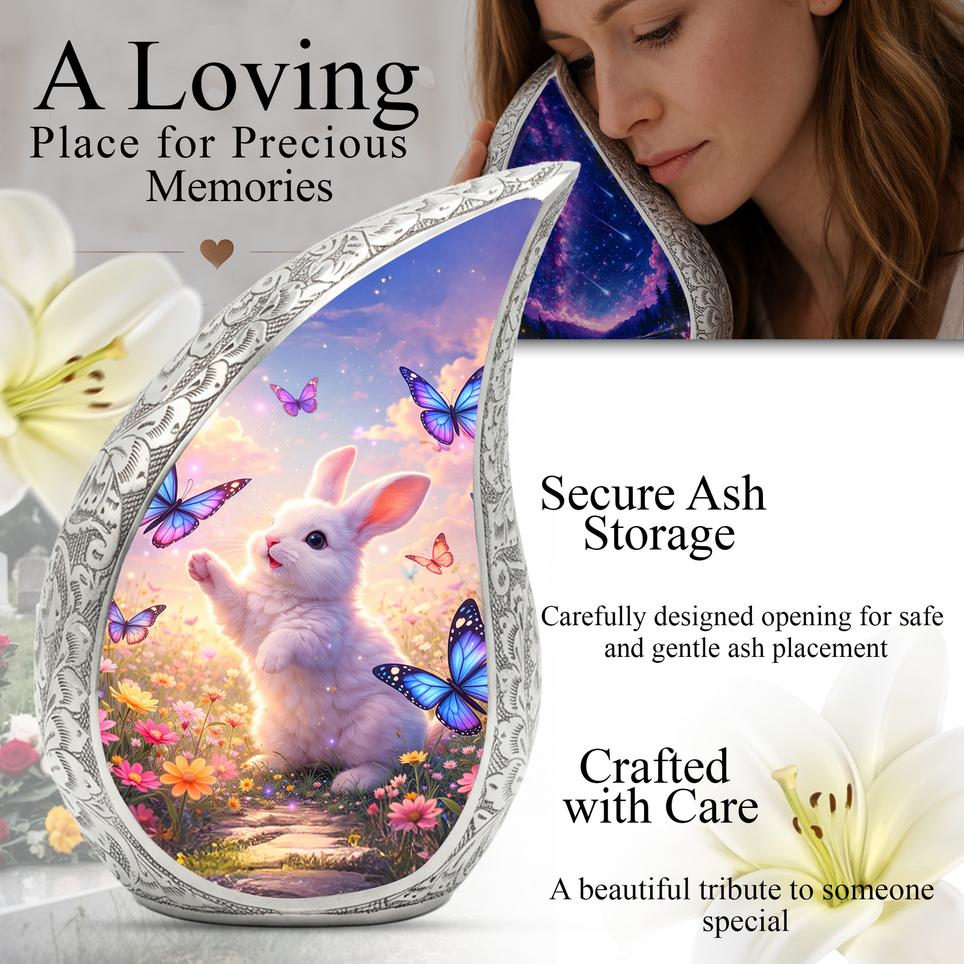 Personalized Cat Cremation Urn – Butterfly Garden Teardrop Memorial Urn, 10 Inch Aluminum