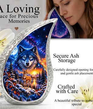 Wolf and Deer Cremation Urn for Ashes, Wildlife Adult Memorial Urn