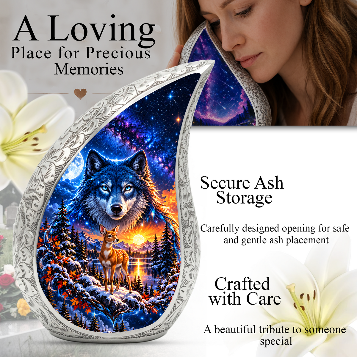Wolf and Deer Cremation Urn for Ashes, Wildlife Adult Memorial Urn