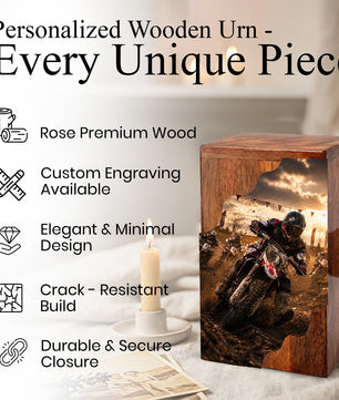 Motorcycle Wooden Cremation Urn for Dad – Personalized Wooden Urn for Human Ashes