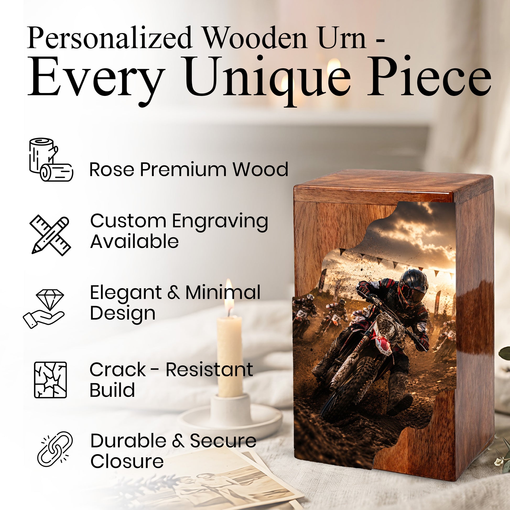 Motorcycle Wooden Cremation Urn for Dad – Personalized Wooden Urn for Human Ashes