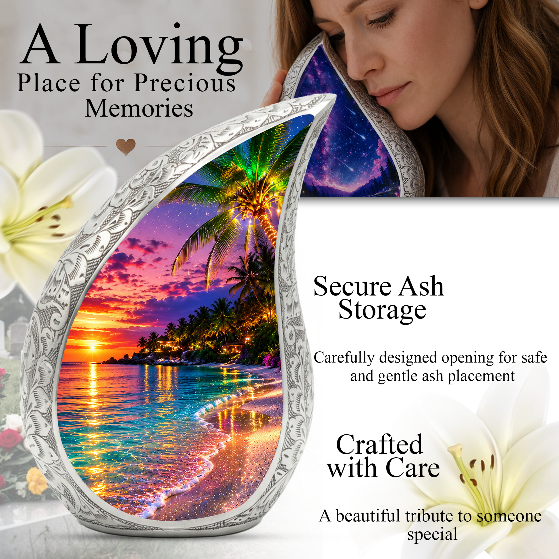 Beautiful Beach Urn for Human Ashes | Wooden Ocean Sunset Cremation Urn | Beach Memorial Urn for Mom