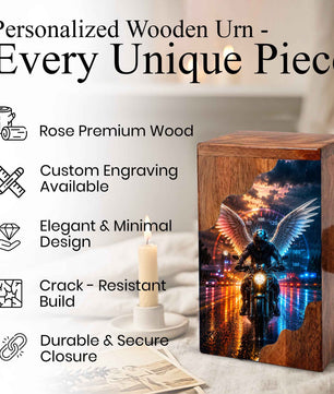 Motorcycle Wooden Cremation Urn – Memorial Urn for Dad Ashes | Biker Angel Wings Wooden Urn
