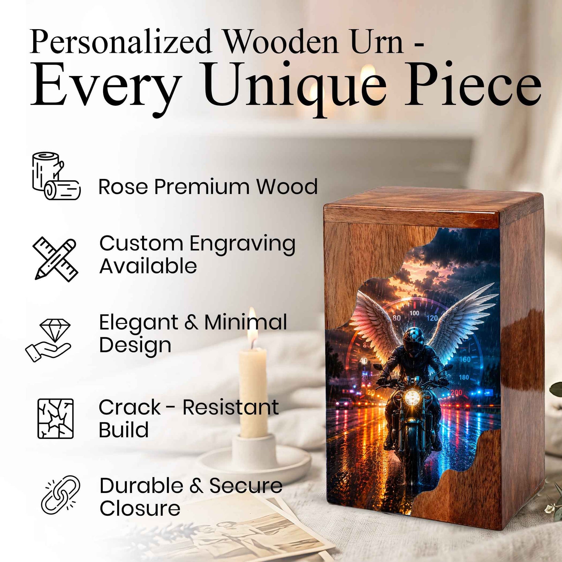 Motorcycle Wooden Cremation Urn – Memorial Urn for Dad Ashes | Biker Angel Wings Wooden Urn