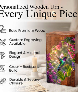 Green Hummingbird Wooden Cremation Urn – Floral Memorial Wooden Urn for Human Ashes
