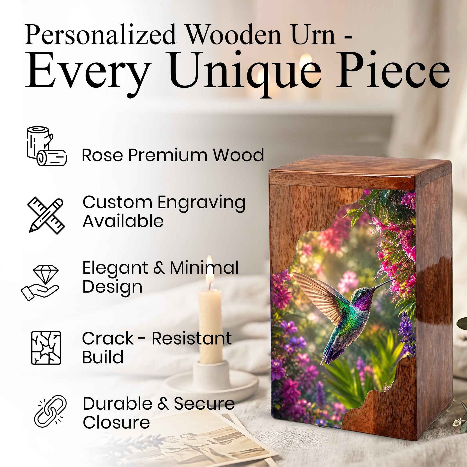 Green Hummingbird Wooden Cremation Urn – Floral Memorial Wooden Urn for Human Ashes