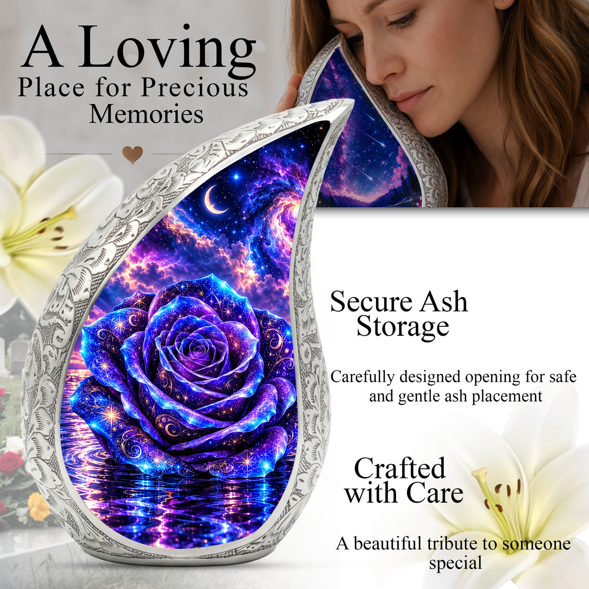 Galaxy Rose Cremation Urn for Mom - Purple Cosmic Rose Memorial Keepsake Urn