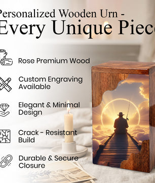 Fishing in Heaven Personalized Wooden Cremation Urn for Dad – Custom Memorial Urn with Sunset Fishing