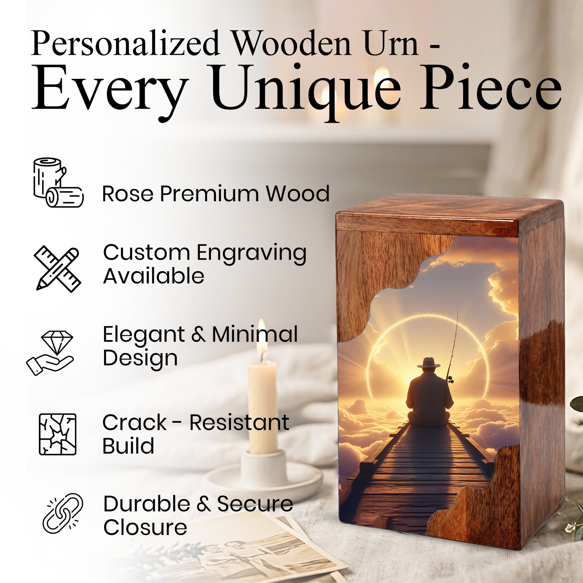 Fishing in Heaven Personalized Wooden Cremation Urn for Dad – Custom Memorial Urn with Sunset Fishing