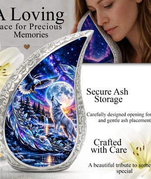 Wolf and Eagle Cremation Urn for Ashes, Wildlife Memorial Urn, Wolf Moon Adult Urn