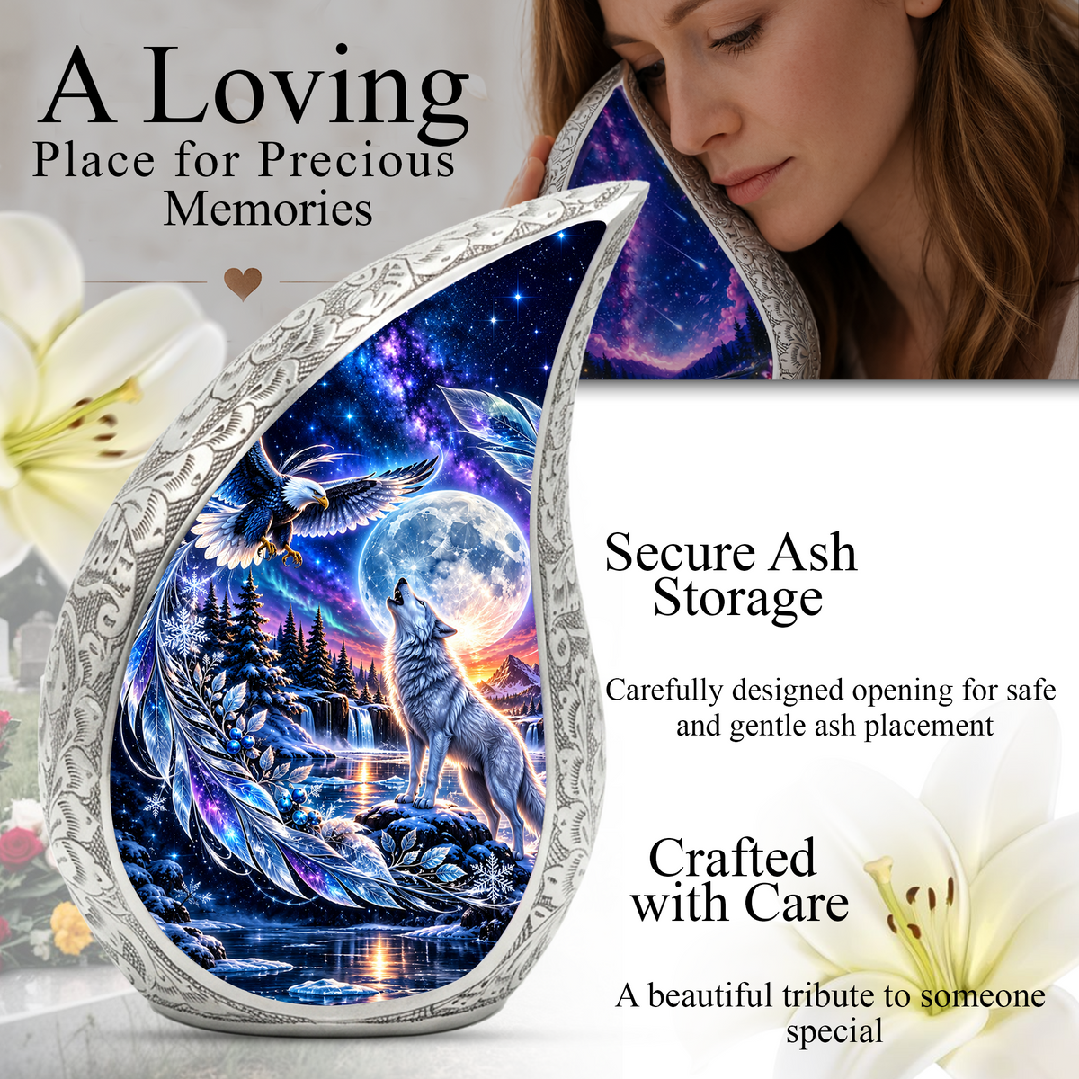 Wolf and Eagle Cremation Urn for Ashes, Wildlife Memorial Urn, Wolf Moon Adult Urn