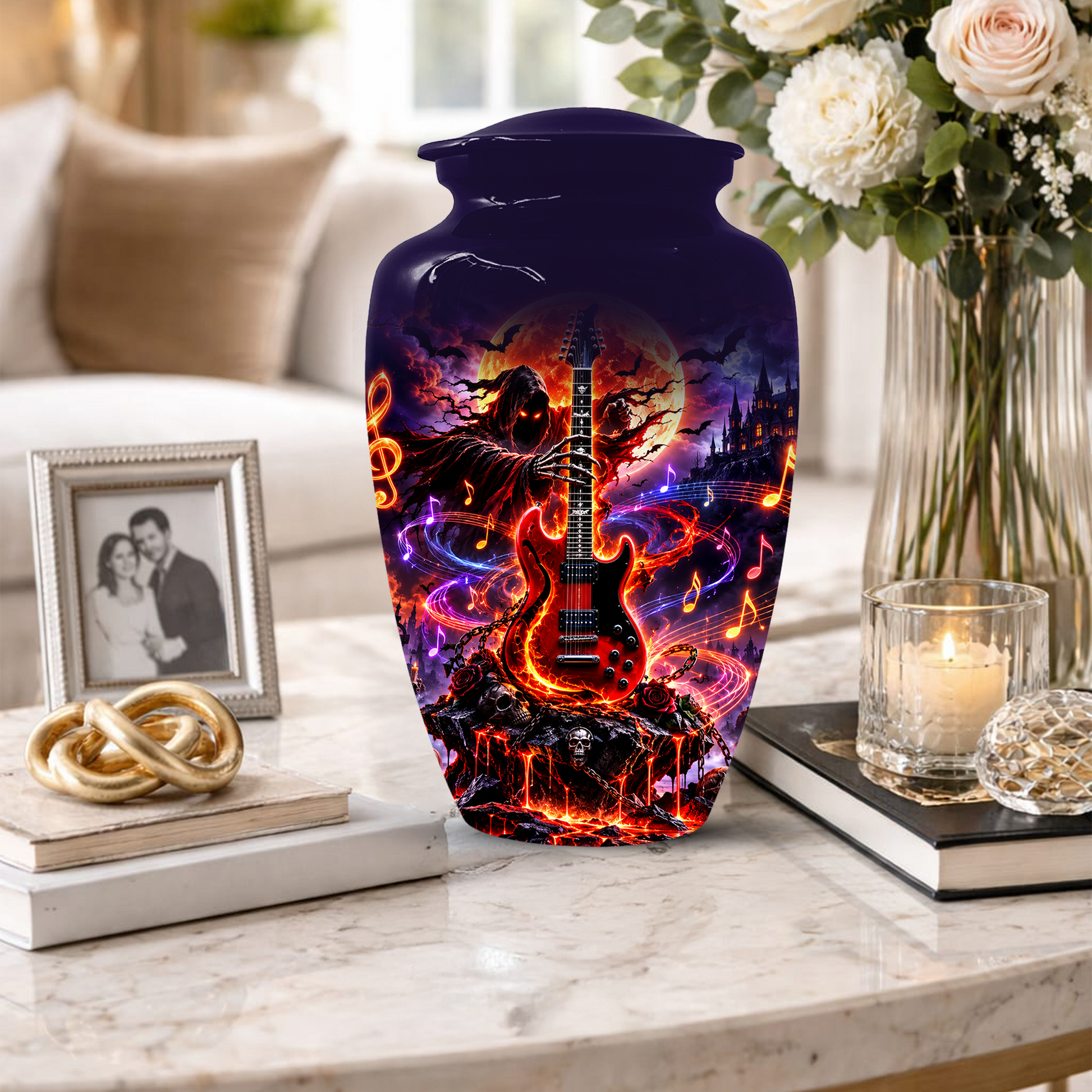 Gothic Guitar Cremation Urn for Dad, Personalized Halloween Memorial Urn for Human Ashes
