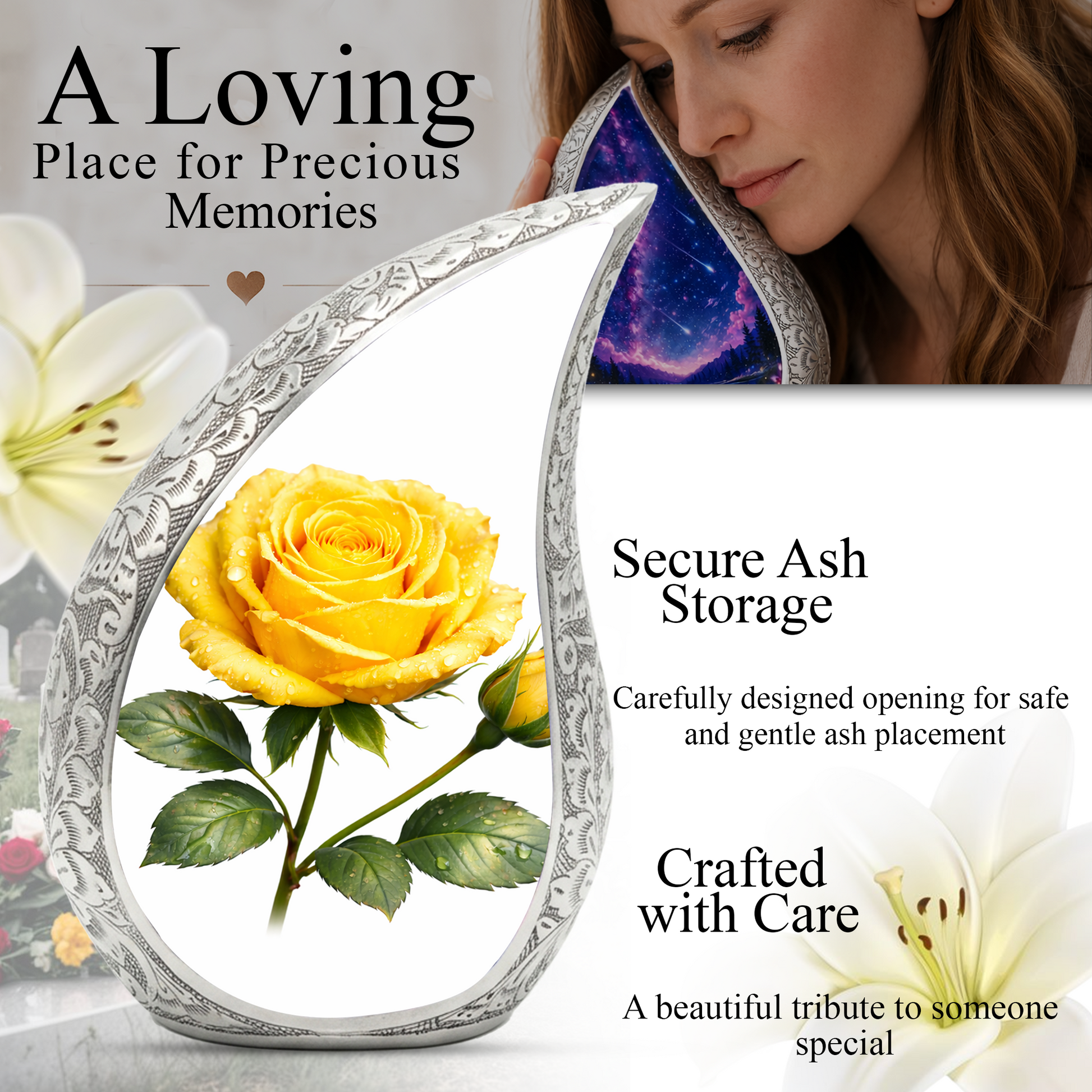 Yellow Rose Urn for Mom | Floral Urn for Human Ashes