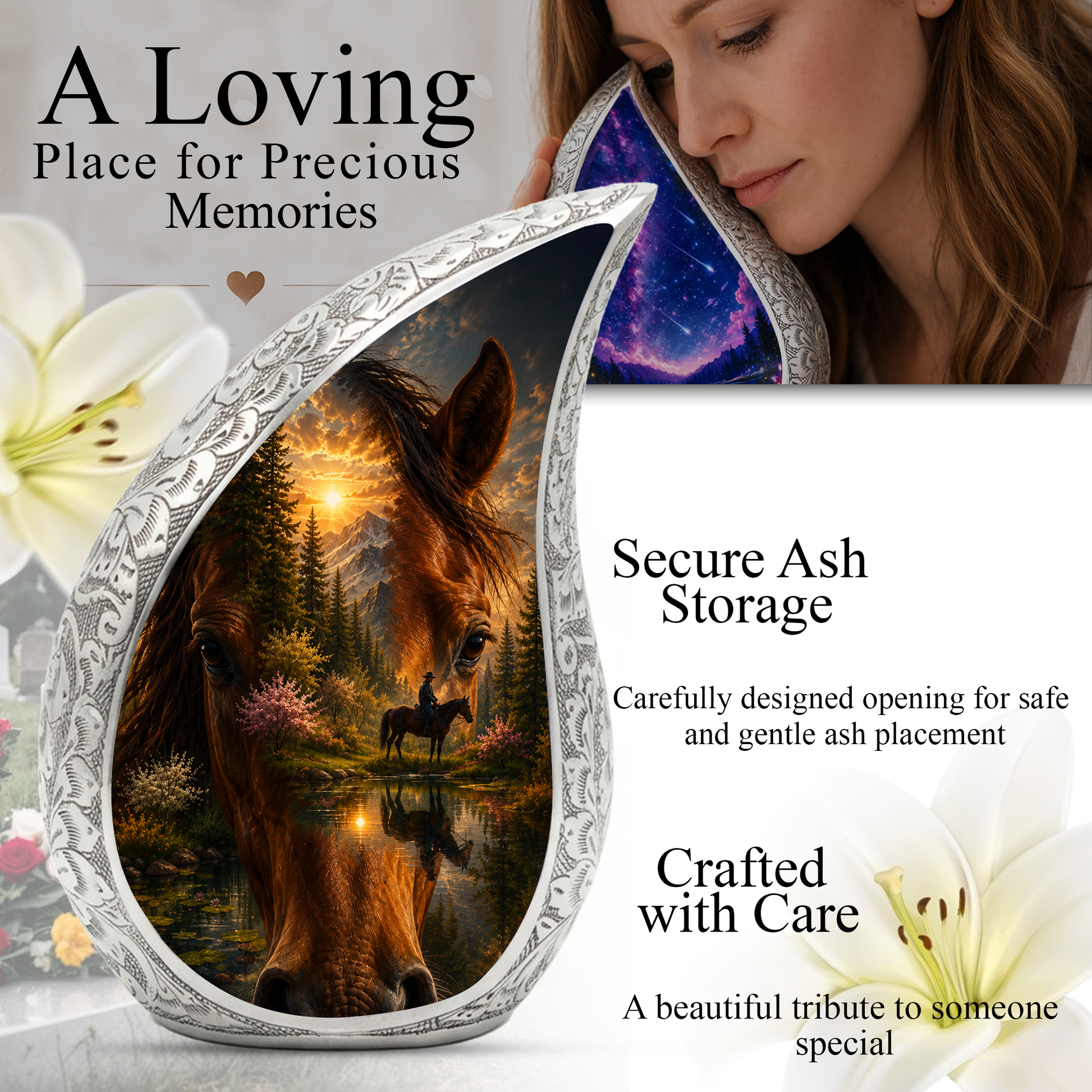 Horse Urn for Human Ashes | Adult Cremation Urn with Horse & Mountain Sunset